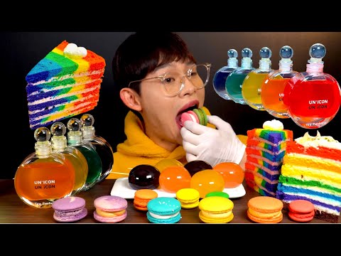 ASMR 알록달록 무지개 마카롱 아이스티 조각케이크 먹방 Rainbow Dessert Macaron Ice