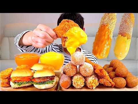 ASMR 라면땅 핫도그와 미니버거 후라이드 통다리구이 달콤치즈볼 치즈소스 찍먹방 Corn Dog With