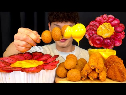 ASMR 살라미토핑 올라간 엽기떡볶이 치즈볼 튀김주먹밥 새우튀김 먹방 Spicy Tteokbokki
