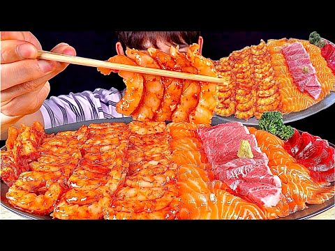 ASMR 매운홍새우회 연어 참치뱃살 덮밥 먹방 Rice With Spicy Shrimp Salmon