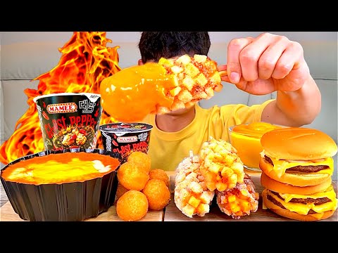 ASMR 통모짜감자핫도그와 치즈로제떡볶이 오리지널 치즈버거 고스트페퍼라면 먹방 Cheese Corn Dog