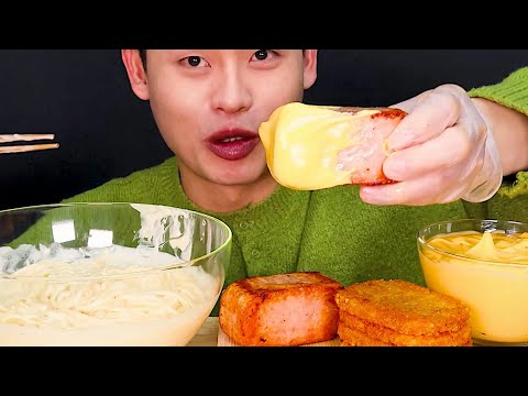 크림스파게티와 통스팸 해쉬브라운 치즈소스 찍먹방 Cream Spaghetti With Spam Hash