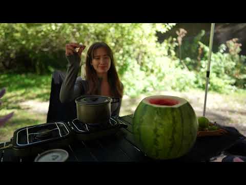 Cozy Car Camping with Cats by the River Tea in a Watermelon