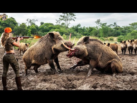 Fierce Battle For Territory Of Wild Boars Female Hunter