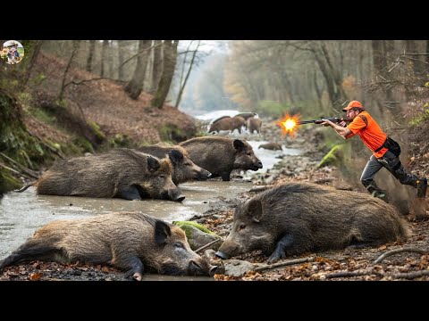Farmer Surprises Wild Boar Herd By Stream Effective Hunting