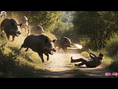 Herd Ferocious Wild Boar Suddenly Appears Hunter Suddenly