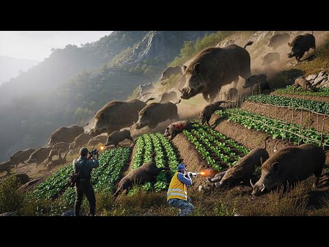 Ambush Wild Boar on Hillside Huge Herd of Wild Boars