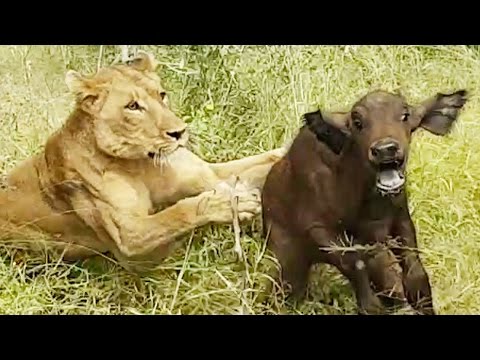 Lions Hunt Buffalo Calf Left Behind by Herd