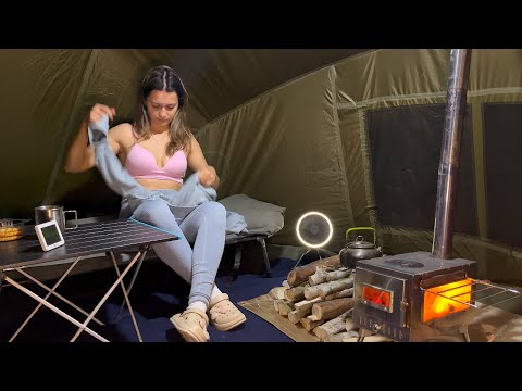 Girl Solo Camping Hot Camping in a Strong Storm Cooking