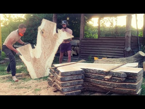 Sawing Live Edge Slabs Брёвна в пиломатериал