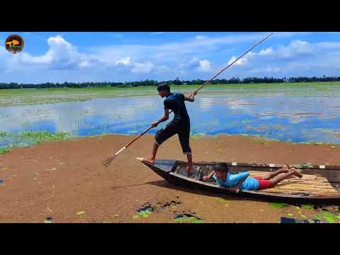 Village Smart Boy Fly Fishing By Boat In Flood Water Little