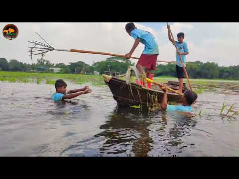 Amazing Village Small Boy Fly Fishing By Boat In Flood