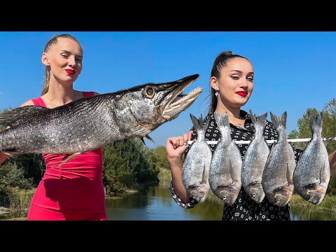 Stuffed Pike Dorado on The Grill And Carp in a Frying Pan A