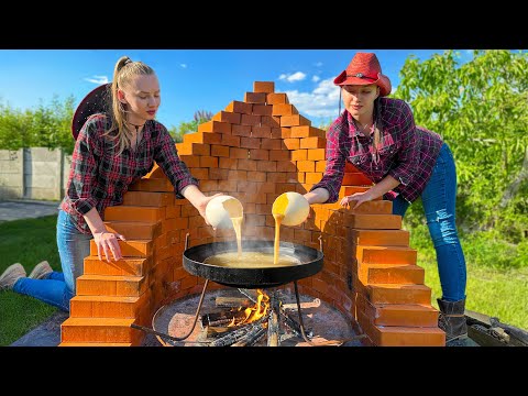 OSTRICH Egg omelette on fire Hearty Dinner of Meat and Eggs