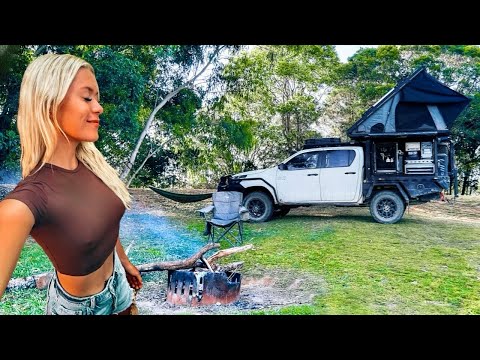 CAMPING ALONE IN NATURE waterfalls the bluest lake and a