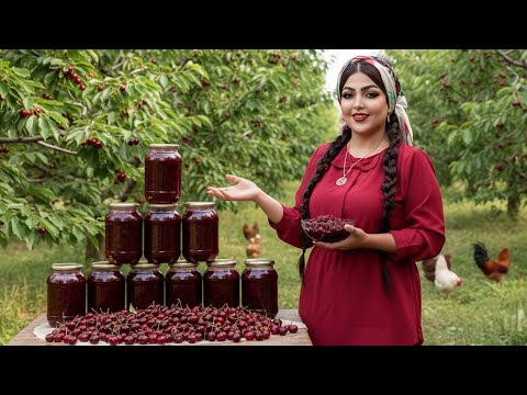 A village girl makes jam and syrup with handpicked cherries