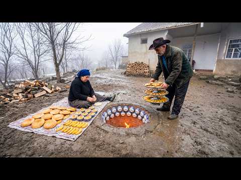 Peaceful Old Age of an Elderly Couple in a Winter Mountain