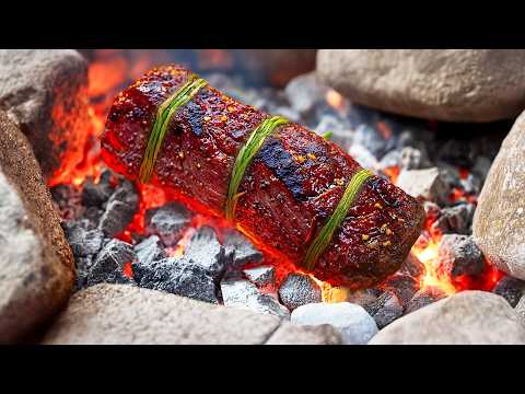 Juicy Steak and Burrata Sandwich Cooked on Open Fire