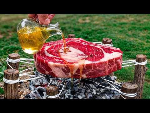 Cooking a Giant Steak on a Handmade Forest Grill Bushcraft