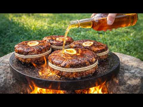 Whiskey Flamed Osso Buco Beef Steaks on Hot Rock Outdoors