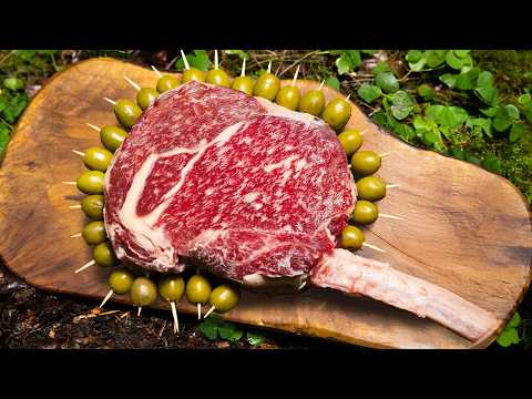 Juicy Steak Grilled on a Flat Rock by the Stream