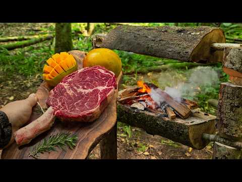 Caveman Style Tomahawk Steak With Mango Glaze and Cheese in