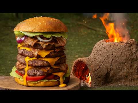 Making a Giant 2 5KG Burger in the Forest With Clay Oven