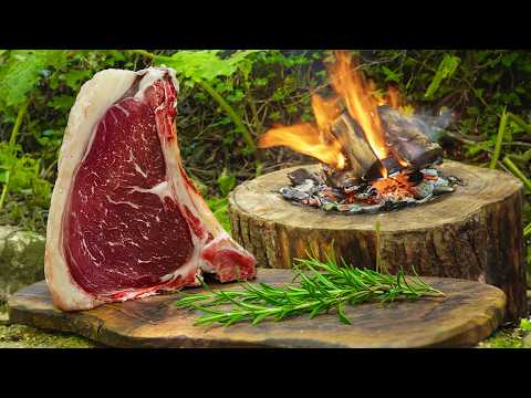 Cooking a Juicy Steak Sandwich Over Open Fire