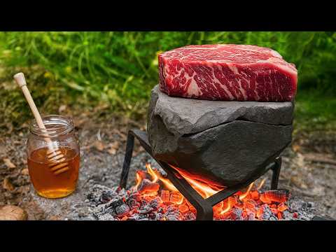 Ribeye Steak on Hot Stone Bushcraft Cooking with Garlic