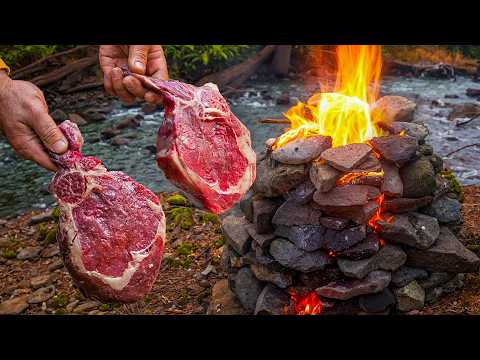Juicy Tomahawk Steaks by the Stream Cooked in a Stone Oven
