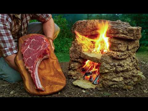 Primitive Tomahawk Steak in a Handmade Stone Oven Outdoor