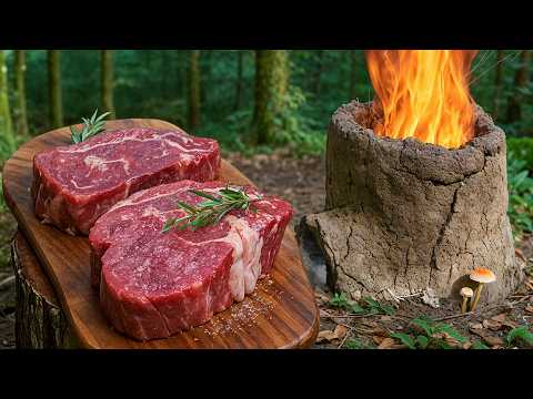 Primitive Steak Cooking in a Clay Oven Built from Mud and