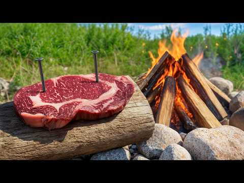 Juicy Steaks on Wooden Posts Rustic Outdoor Cooking