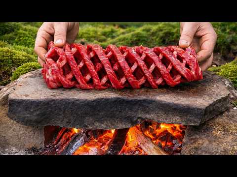 Accordion Steak Over Fire Outdoor Cooking in the Forest