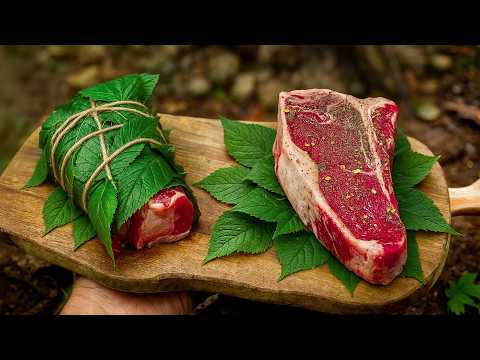 Rustic Open Fire Roast in Foraged Leaves Bushcraft Cooking