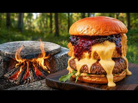 Deep Fried Camembert Burger on a Hot Stone Outdoor Cooking