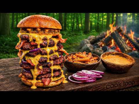 XXL Wilderness Burger Over the Fire Cooking Challenge