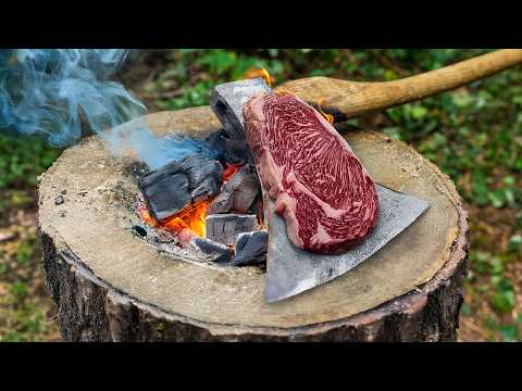 Cooking Ribeye Steaks on a Hot Axe Blade Deep in the Forest