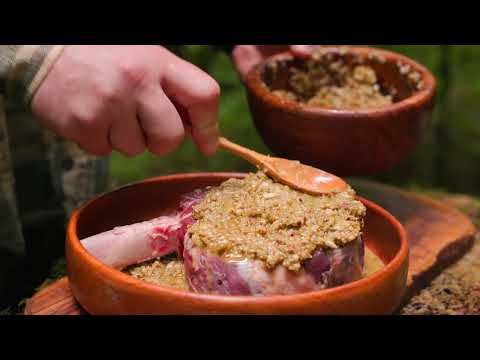 Juicy Steak Grilled on a Flat Rock by the Stream