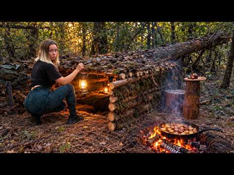 Deep in the Forest Building a Shelter and Cooking Over Fire