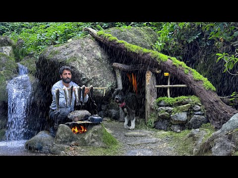 SOLO SURVIVAL CAMPING in HEAVY RAIN STORM Primitive Fishing