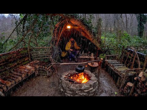 7 Days SOLO SURVIVAL CAMPING In RAIN THUNDER Building Warm