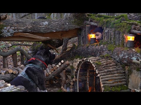Building a Secret Dugout UNDER a Fallen BIG TREE 3 Days