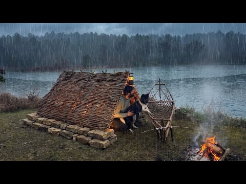 3 Days Solo SURVIVAL CAMPING In RAIN Primitive CANOE Build