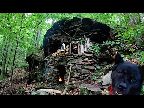 Solo BUSHCRAFT Camping I Built a CAVE with Fireplace