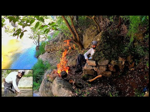 Bushcraft Camp Catch and Cook Overnight in a Tarp Shelter