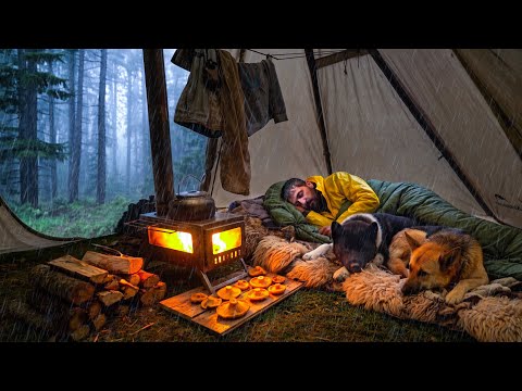 Caught in Rainstorm With My Dog Hot Tent Camping in Heavy