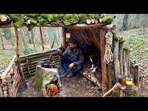 Building a Bushcraft Shelter for SURVIVAL CAMPING in Rain