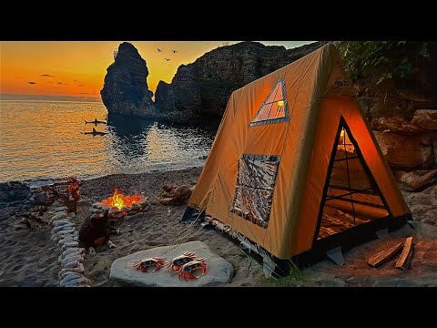 3 Days SOLO CAMPING BIG CRAB CATCH and COOK BUSHCRAFT Tent