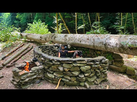 7 Days SOLO CAMPING In RAIN Forest Building a WOOD and ROCK